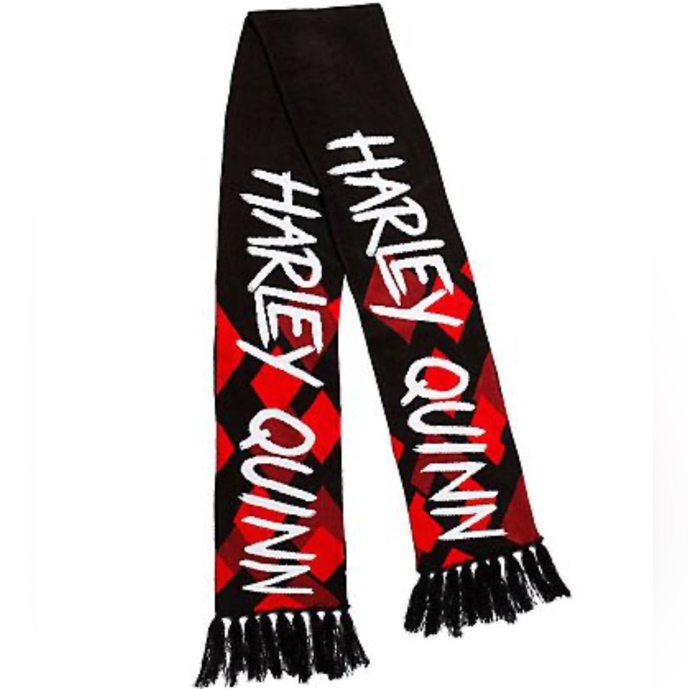 Harley Quinn DC Comics Batman Black & Red Spell Out Fringed Knit Winter Scarf